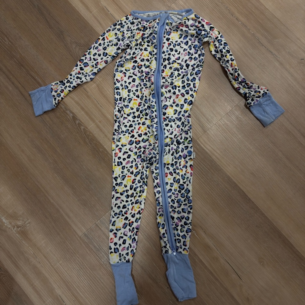 Little Sleepies Cream Leopard Print Footed Pajama with Blue Trim